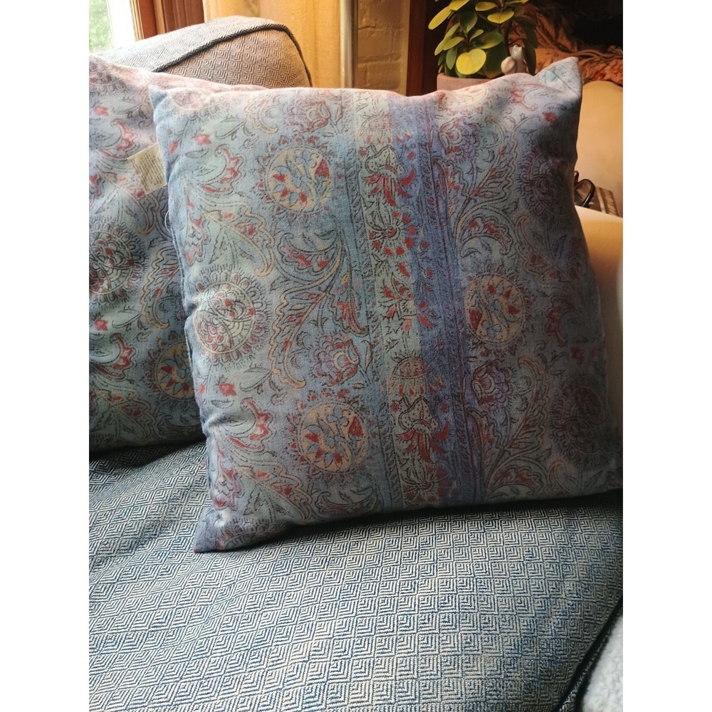 Pair Of Pottery Barn Pillows 20" X 20" Paisley Floral Boho Decor Blues Red Taupe